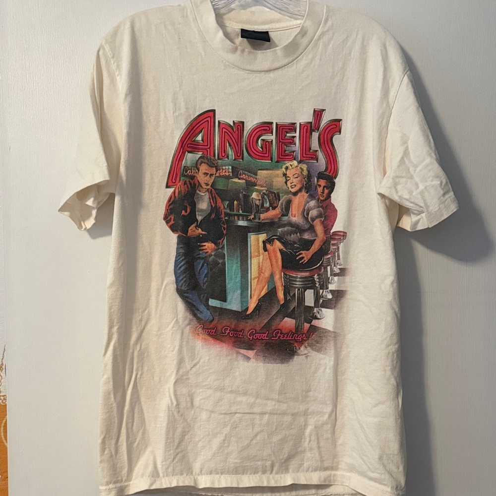 Angel's Graphic Cream T-Shirt Elvis Marilyn Monroe James Dean L Vintage Classic